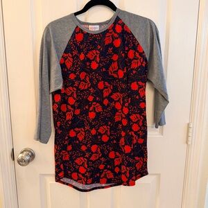 LuLaRoe Navy Tee with Red Floral Print and Gray Trim